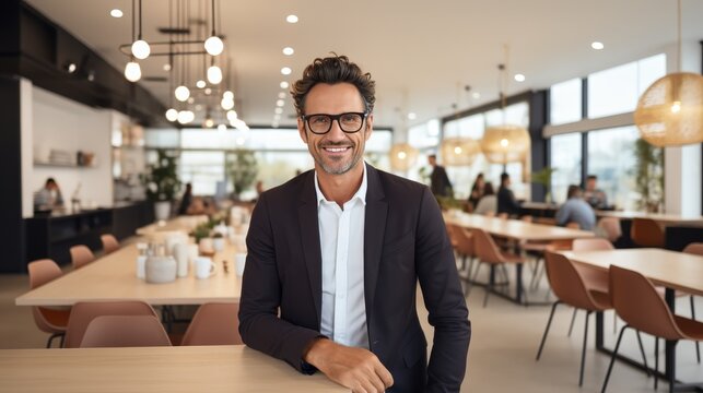 Stylish professional with glasses smiling for a portrait in an urban cafe setting