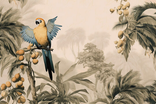 Parrot sitting on branches in a rainforest, vintage illustration on light brown background in boho style