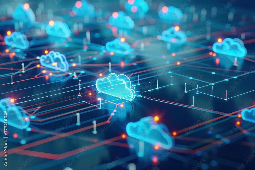 Poster a graphic interface showing a cloud computing network, with nodes and connections representing data 