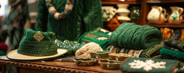 A display of traditional Irish crafts, including knitwear and pottery, for Saint Patrick's Day tourists - obrazy, fototapety, plakaty