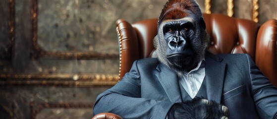 A gorilla in a leadership seminar, wearing a power suit, symbolizing strength and authoritative presence - obrazy, fototapety, plakaty