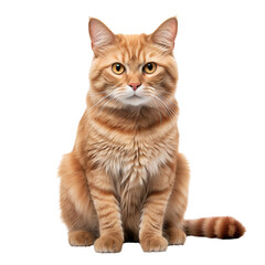 Cute orange British shorthair cat sitting isolated on transparent background