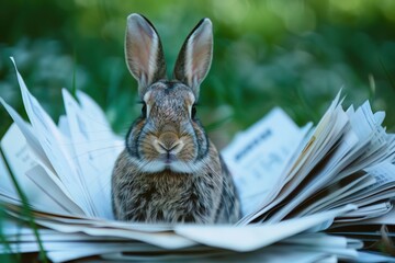 A rabbit in a field of financial documents, symbolizing quick growth and agility in investments