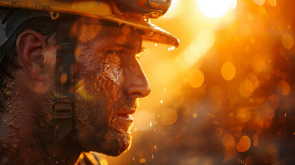 Golden sunset illuminates the sweaty face of a focused construction worker. - obrazy, fototapety, plakaty