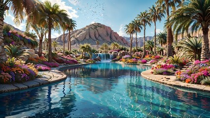 Mystical desert oasis with a sparkling blue pool