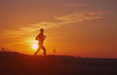 Fototapeta na wymiar Action shot of running at sunset, showcasing the solitude of the sport