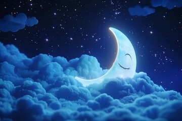 Obraz na płótnie Canvas An animated 3D scene of a smiling moon cuddling with fluffy cloud pillows in a star-speckled night sky
