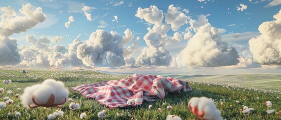 An animated 3D scene of a picnic blanket, floating like a magic carpet over a countryside dotted with cotton candy clouds - obrazy, fototapety, plakaty