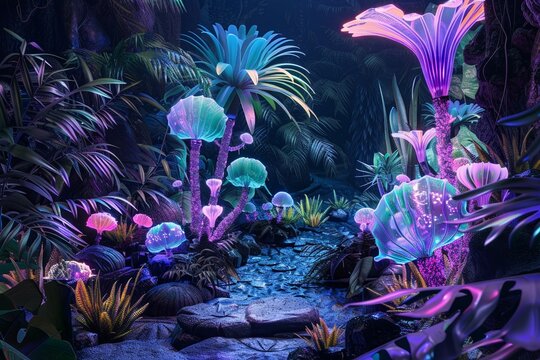 An alien botanical garden with holographic plants that shift shapes and colors interactively