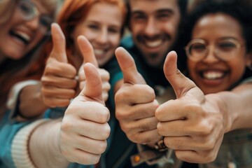 A close-up image of a diverse group of cheerful people giving thumbs up signifies positivity and approval