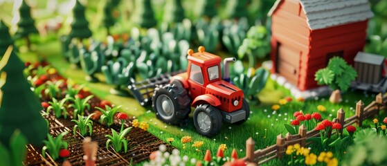An isometric 3D farm scene, with cute animals, miniature tractors, and fields of colorful crops swaying in the breeze