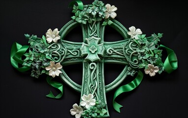 An ornate Celtic cross, decorated for Saint Patrick's Day with green ribbons and flowers
