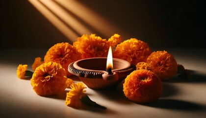 Beautiful realistic diya lamp with marigold flowers for puthandu celebration.