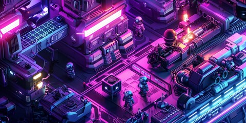 An isometric 3D model of a neon-lit space station, with adorable astronauts and glowing, high-tech equipment - obrazy, fototapety, plakaty