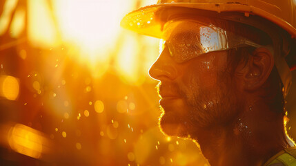 Profile of a sweaty construction worker with sunset backlight creating a warm glow. - obrazy, fototapety, plakaty
