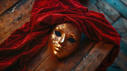 Gold mask with a red velvet flourish, lying on an antique wooden table, whispers of intrigue - obrazy, fototapety, plakaty