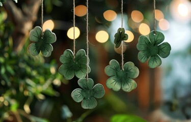 Handcrafted shamrock decorations hanging in a festive setting, marking the celebration of Saint Patrick's Day - obrazy, fototapety, plakaty