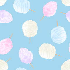 Sweet cotton candy on blue background. Sugar clouds seamless pattern. Vector cartoon illustration. 