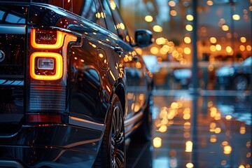 Luxury car dealership: Premium black SUVs in showcase
