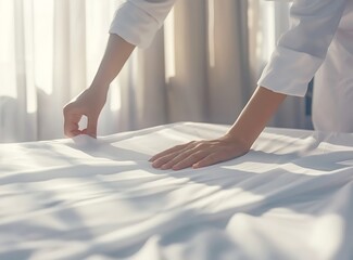 Close up of a hotel housekeeper's hands making a bed, with white blank paper on the table in a simple composition with a feminine and sunny light background - obrazy, fototapety, plakaty