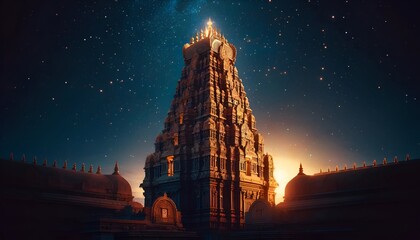 Realistic illustration for celebrating puthandu with a  indian temple tower at night. - obrazy, fototapety, plakaty