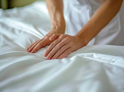 Close up of a hotel housekeeper making a bed, a white tablecloth on the surface, focus on hands and fingers, stock photo, simple composition, feminine color palette