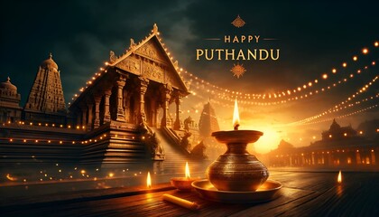 Wallpaper for puthandu with an majestic temple at dusk. - obrazy, fototapety, plakaty