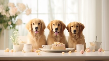 Three adorable golden labradors sitting at the table with a cup of tea and candy treats