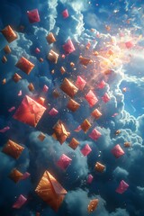 Postal envelopes flying across the sky. 3d illustration
