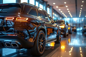 Luxury car dealership: Premium business black SUVs in showcase - obrazy, fototapety, plakaty