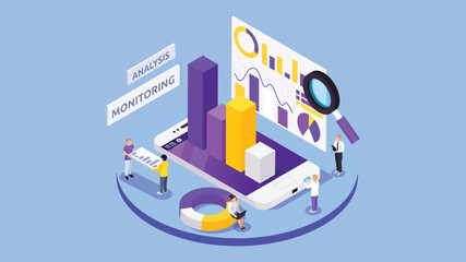Analyzer software isometric vector illustration. Data analysis flat isometric vector concept