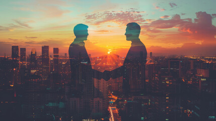 Business partnership over cityscape at sunset
