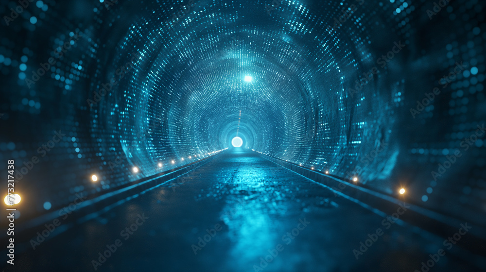Poster abstract door in tunnel with digital data center light signals. future computer technology concept o