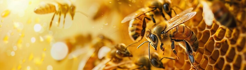 Bees working together in a hive, symbolizing teamwork and efficiency in business operations - obrazy, fototapety, plakaty