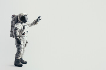 This astronaut stands welcomingly with open arms against a neutral grey background, symbolizing openness to the unknown - obrazy, fototapety, plakaty