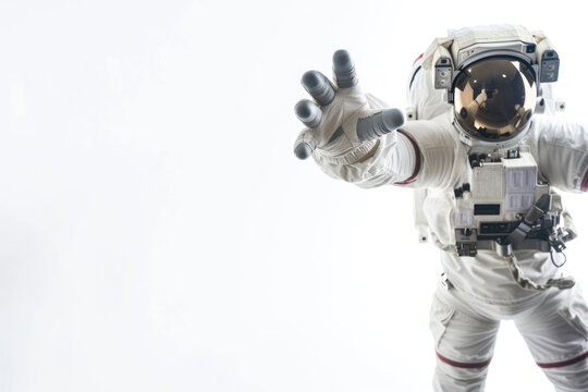 Capturing the essence of space travel, this image features an astronaut reaching towards the viewer on a stark white background