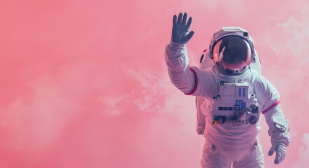 An astronaut waves capturing a human connection in a solitary smoky, pink environment, suggesting camaraderie - obrazy, fototapety, plakaty