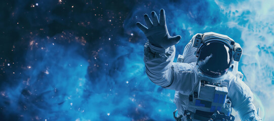 Space adventurer in white space suit reaching out against a mesmerizing blue starry backdrop,...