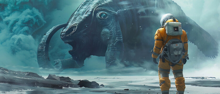 Scifi meets prehistory with an astronaut confronting deepsea behemoths