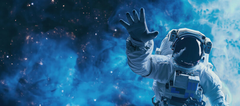 Space adventurer in white space suit reaching out against a mesmerizing blue starry backdrop, embodying exploration and the unknown