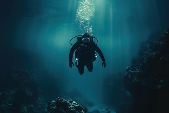 A diver plunging into unknown depths, metaphor for exploring uncharted territories and taking risks