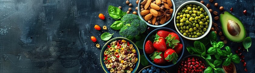 a mix of trendy health foods, innovative cooking techniques, and futuristic food products arranged artistically from a birds-eye view, creating a captivating and modern composition