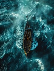 Create a captivating image showcasing a high-angle view of a mystical Viking ship sailing through tumultuous waters inspired by Norse legends