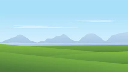 Poster landscape cartoon scene. green field with mountains background and blue sky © piggu