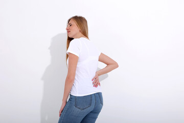 girl feeling pain on a white background