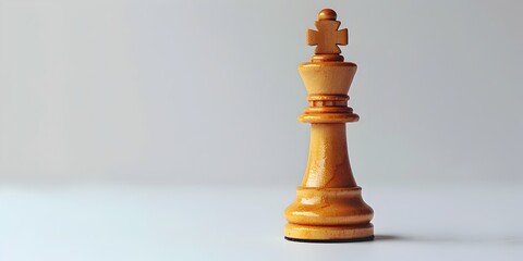 A wooden chess piece possibly a King or Queen standing alone on a plain white background The piece has a distinct character