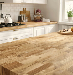 a bright kitchen with an empty brown wooden countertop; the kitchen's background is completely gone.