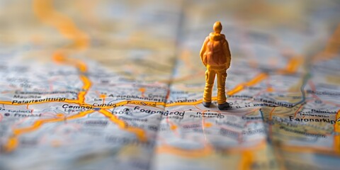 Miniature Figurine Standing on Geographic Map Symbolizing Mission Statement Purposeful Path and Business Growth Opportunities - obrazy, fototapety, plakaty