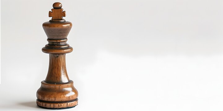 A wooden chess piece possibly a King or Queen standing alone on a plain white background The piece has a distinct character