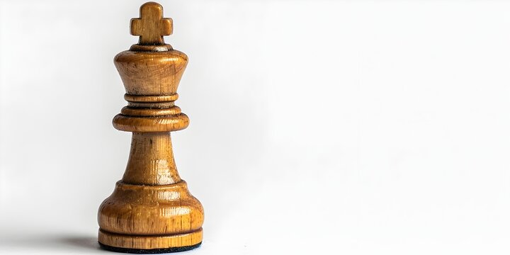 A wooden chess piece possibly a King or Queen standing alone on a plain white background The piece has a distinct character